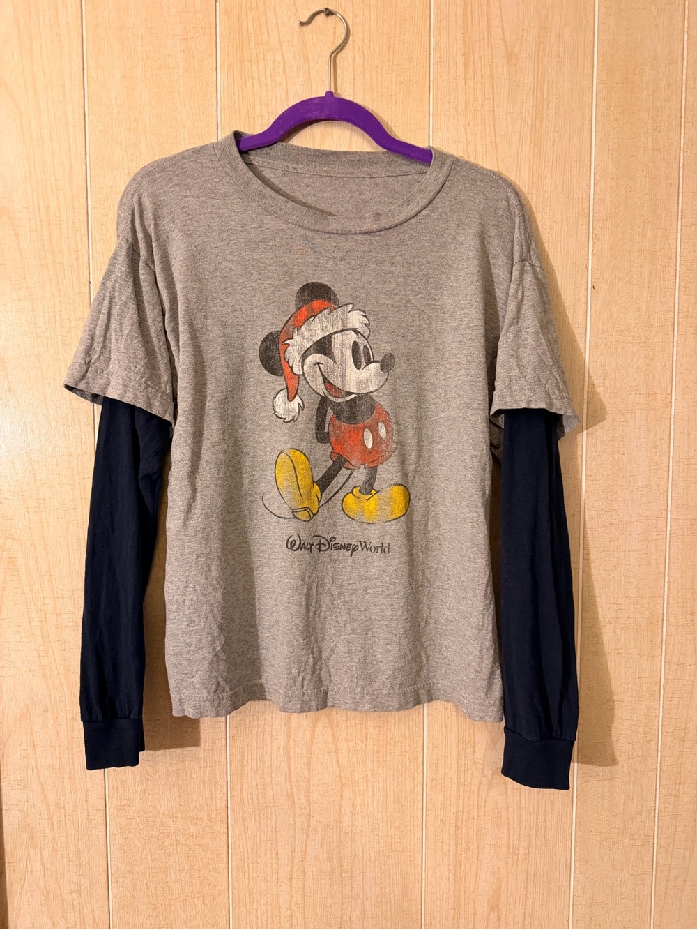 Disney Gray Layered-Look Long Sleeve Tee with Mickey Holiday Graphic Vintage